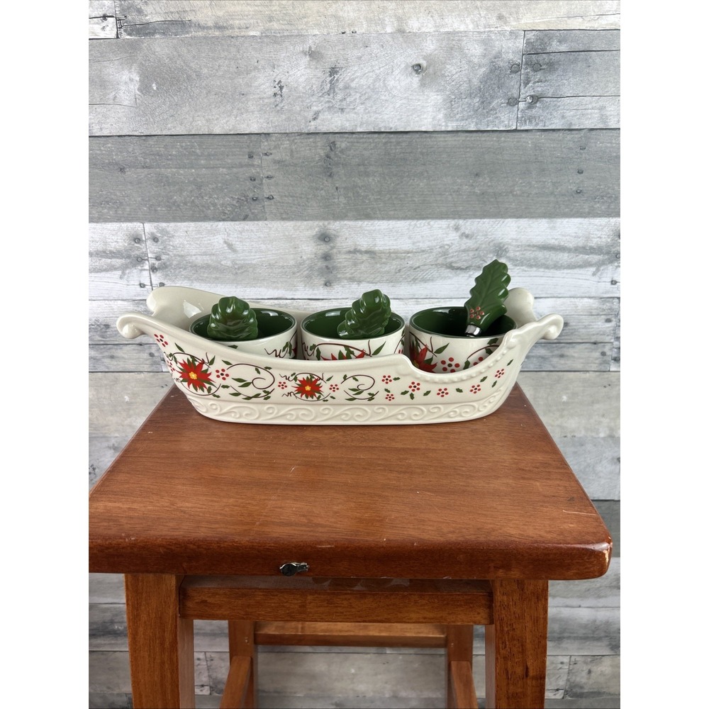 Temptations Poinsettia & Cardinals Sleigh Serving Set with Bowls & Spreaders